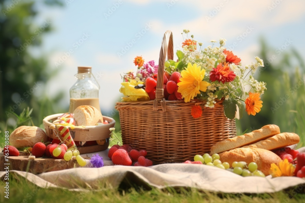 Spring picnic scene mockup with a woven basket, sandwiches, and fresh fruits