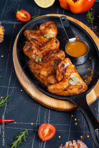 Baked chicken wings with sesame and sauce. Food background with copy space. Top view