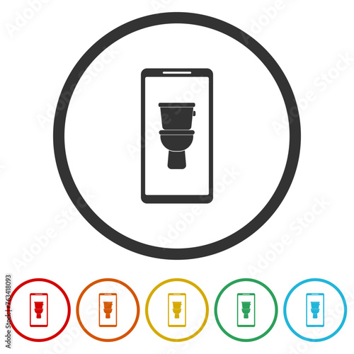  Toilet bowl on smart phone icon. Set icons in color circle buttons