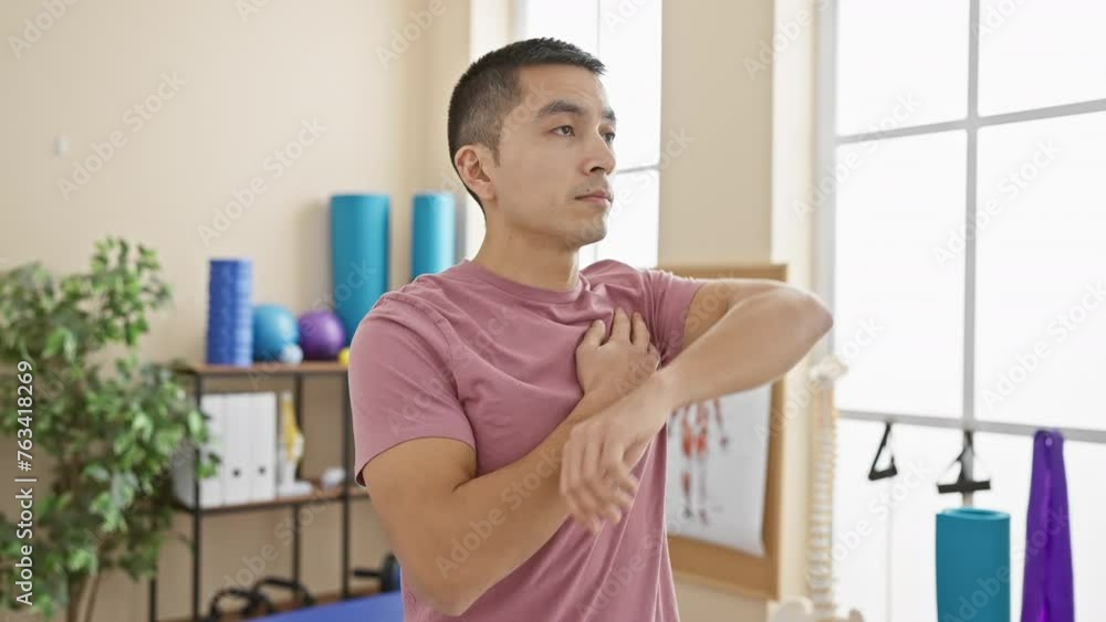 A focused man stretches in a bright physical therapy clinic, showcasing healthcare and wellbeing. A focused man stretches in a bright physical therapy clinic, showcasing healthcare and wellbeing.