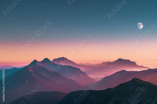 The image depicts a tranquil dusk over a mountainous landscape, with gradients of pink and blue hues casting a soft glow on the peaks and valleys. A crescent moon hangs in the pastel sky