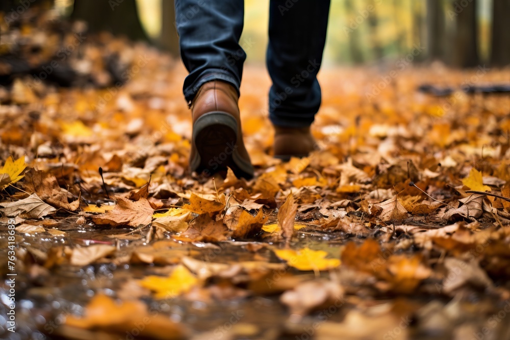 A close up of a person's feet walking along a trail covered in fallen leaves, immersing in the tactile pleasures of autumn textures