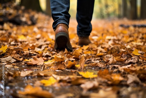 A close up of a person s feet walking along a trail covered in fallen leaves  immersing in the tactile pleasures of autumn textures