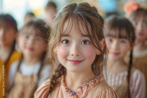 A candid shot of a young girl with freckles and a light smile, surrounded by peers in a school setting