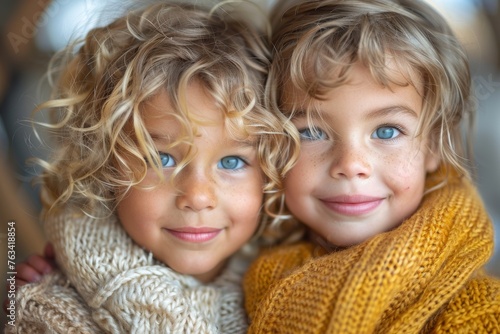 Two siblings with joyful expressions and matching curly hair embrace each other warmly