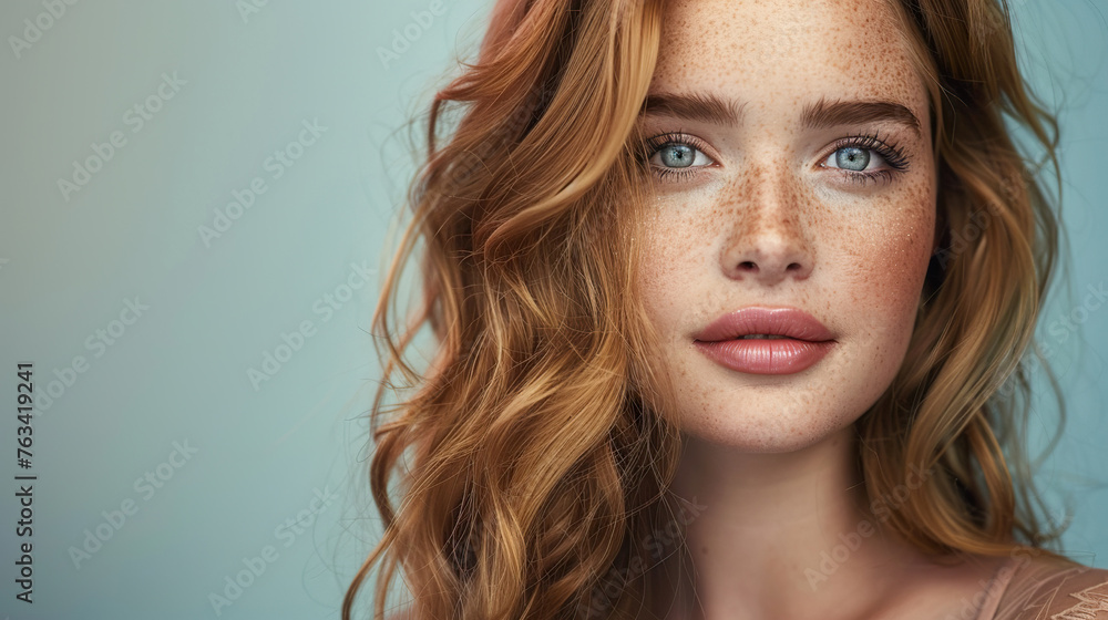 Close-up Shot of a Calm Young Woman's Face with Flawless Skin Against Neutral Backdrop. Commercial Photography. Close-up Shot of a Calm Young Woman's Face with Flawless Skin Against Neutral Backdrop. Commercial Photography.