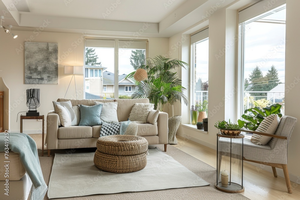 A comfortable living room bathed in soft light, featuring a mix of plush textures and neutral tones, with an array of houseplants adding a touch of greenery.