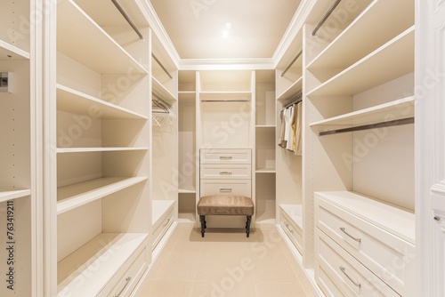 A spacious and elegant dressing room with ample shelving and a classic storage bench, designed for a luxurious and orderly fashion experience