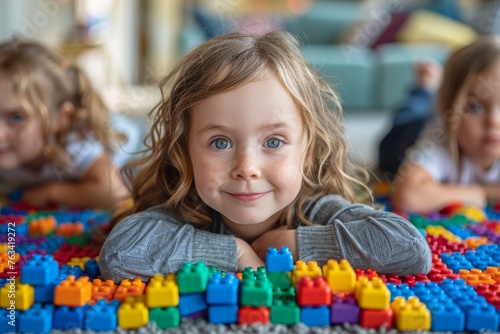 Cute girl lays on floor with colorful toys, smiling at camera