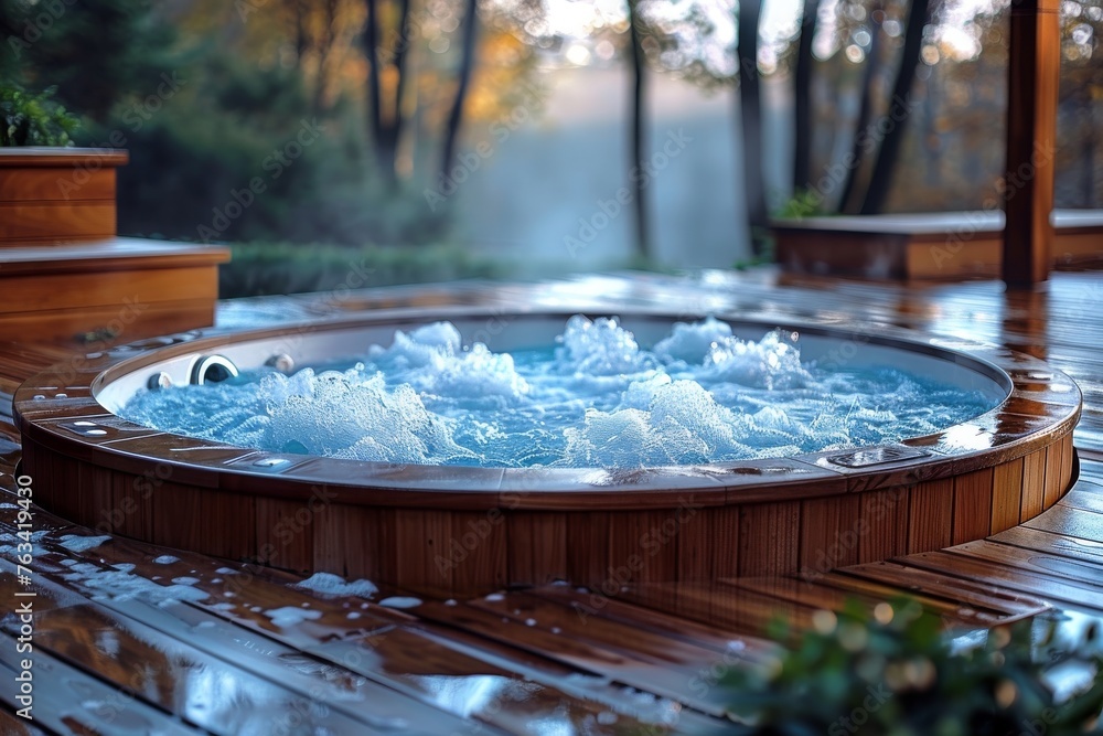 A serene outdoor setting featuring a hot tub with active water jets on a wooden patio, surrounded by nature