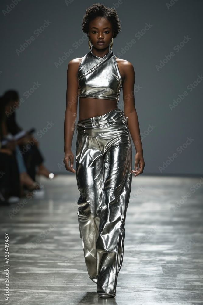 A poised model struts down the runway in a metallic two-piece ensemble, embodying the fusion of modern design with timeless grace