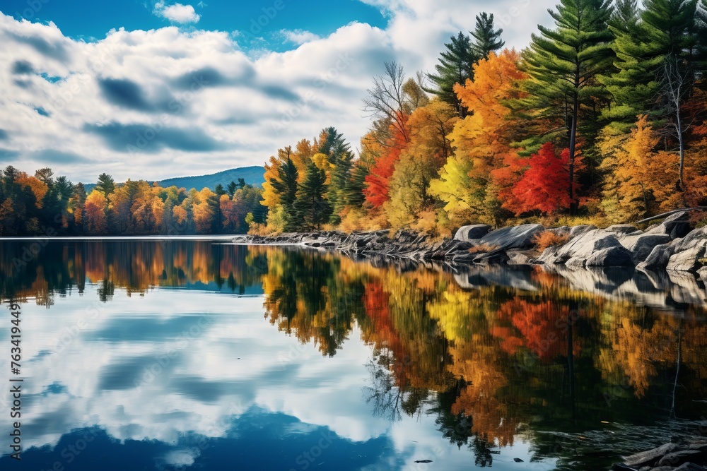 A peaceful view of a calm lake mirroring the breathtaking colors of the trees along its shore, creating a serene fall panorama