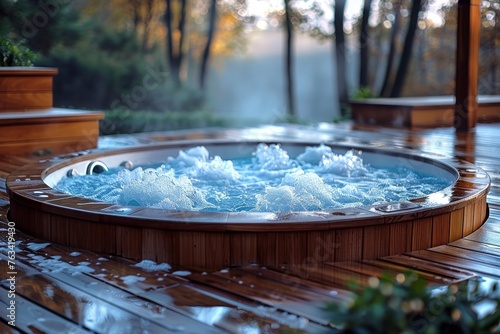 A serene outdoor setting featuring a hot tub with active water jets on a wooden patio, surrounded by nature