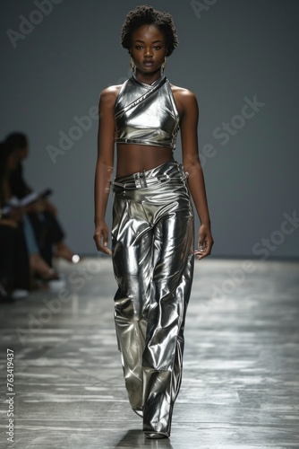 A poised model struts down the runway in a metallic two-piece ensemble, embodying the fusion of modern design with timeless grace