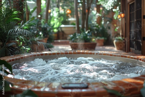 Beautifully designed indoor spa with a round hot tub surrounded by exotic plants creating a tropical oasis