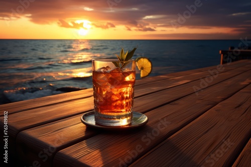 A serene sunset scene with a glass of rum punch placed on a wooden pier, inviting contemplation and relaxation