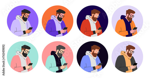 Bearded man with phone, multicolored avatar icon set for business and social media