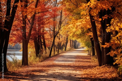 A tranquil view of a peaceful forest path bordered by trees