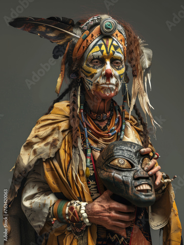 Intricate tribal costume and painted warrior holding a ceremonial mask