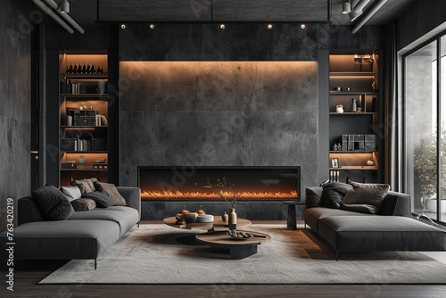 Dark living room loft with fireplace, industrial style, 3d render