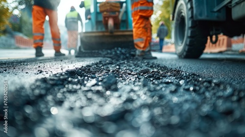 Road construction workers' teamwork at a road construction site, hot asphalt gravel leveled photo