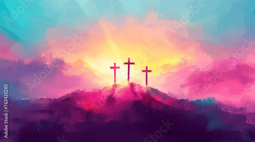 Three crosses on a hill with a radiant sunrise background in an abstract, colorful style.