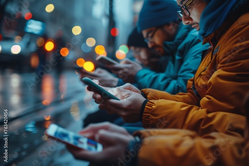 Three individuals engrossed in their smartphones on a busy, rain-soaked city street at night with colorful city lights