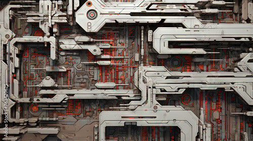 Fototapeta Naklejka Na Ścianę i Meble -  Background with metallic panels texture, wires and circuit. Spaceship hull wall technology background.