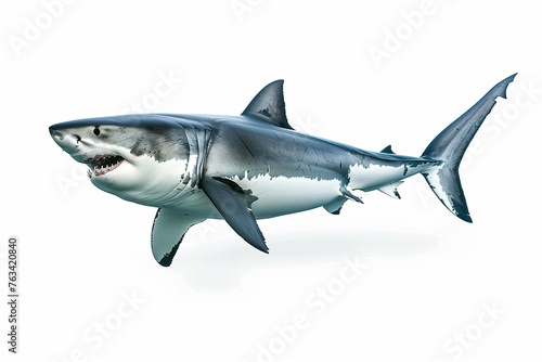 great white shark - Carcharodon carcharias - full view while swimming, face and teeth visible isolated on white background all fins and gills showing