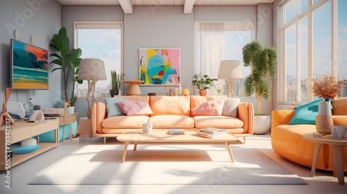 modern living room ,Interior design of modern living room with velvet terra cotta sofa,Modern living room with sofa pastel color 