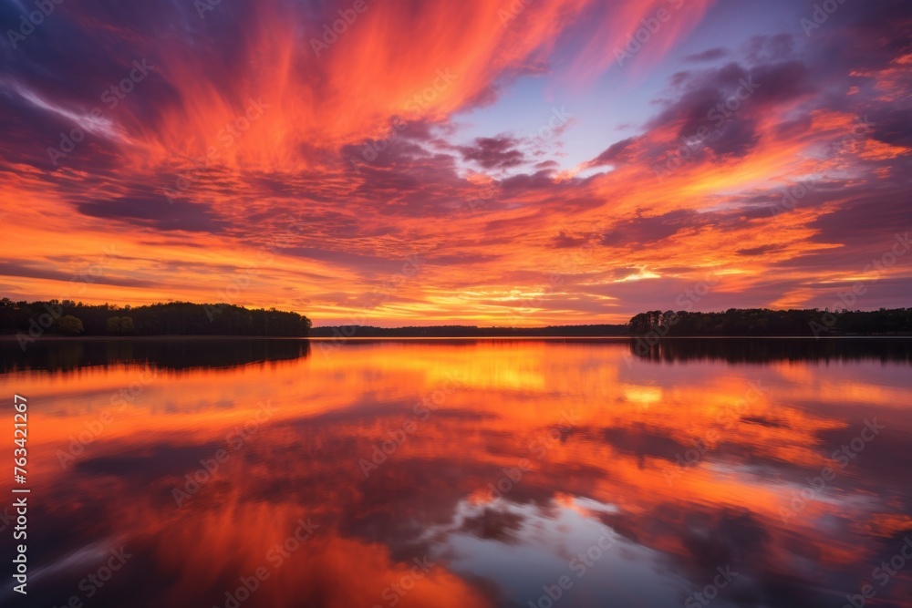 Stunning sunset reflecting on a serene lake with picturesque clouds in the sky