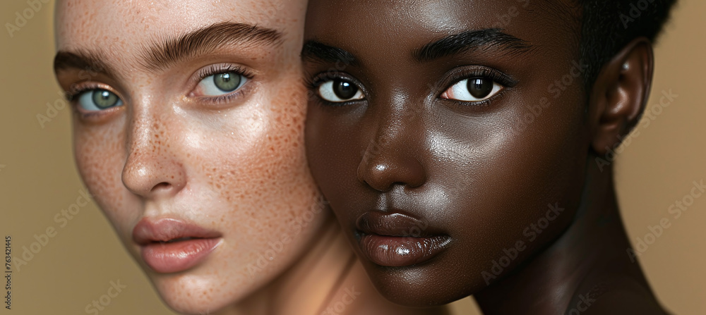 Portrait of attractive models with different skin tones posing for beauty, skin and makeup. Natural skin care, hair care and makeup Portrait of attractive models with different skin tones posing for beauty, skin and makeup. Natural skin care, hair care and makeup