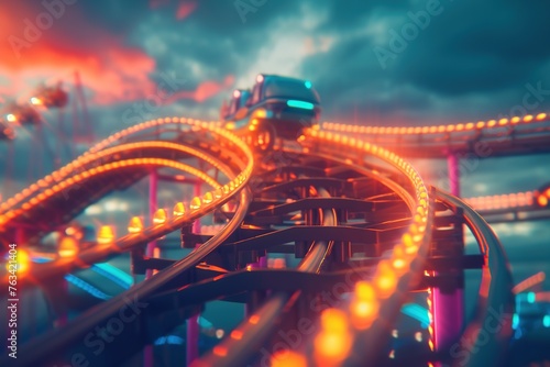 Rollercoaster screams mix with laughter and excited chatter, colorful lights flashing against.