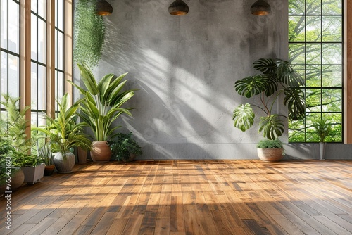 Empty room of modern contemporary loft with plants on wooden floor.