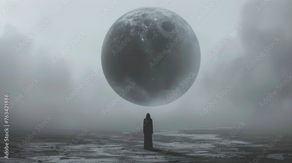 A woman stands in front of a large, dark moon. The sky is cloudy and the atmosphere is eerie