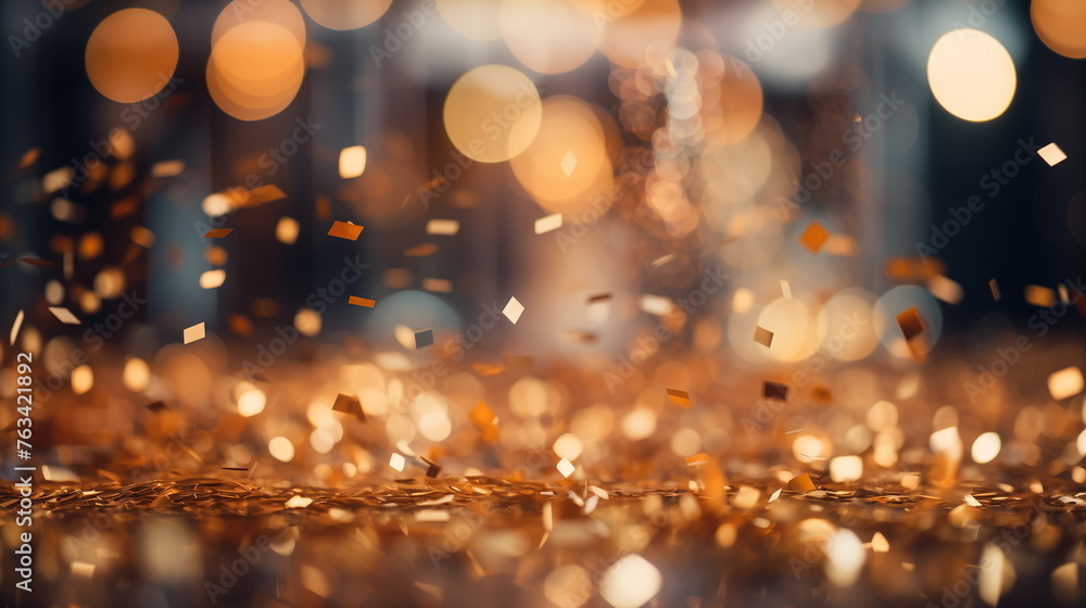 Golden confetti on the floor with sparkling light bokeh background. Celebration and party concept. Golden confetti on the floor with sparkling light bokeh background. Celebration and party concept.