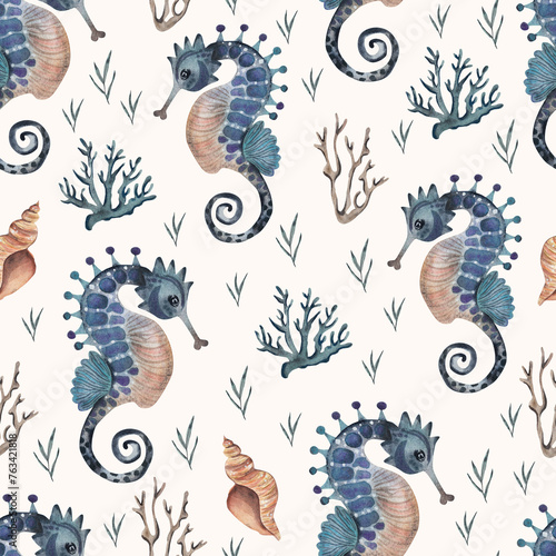 Seahorse  seamless pattern  watercolor illustration