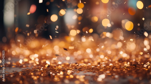 Golden confetti on the floor with sparkling light bokeh background. Celebration and party concept.
