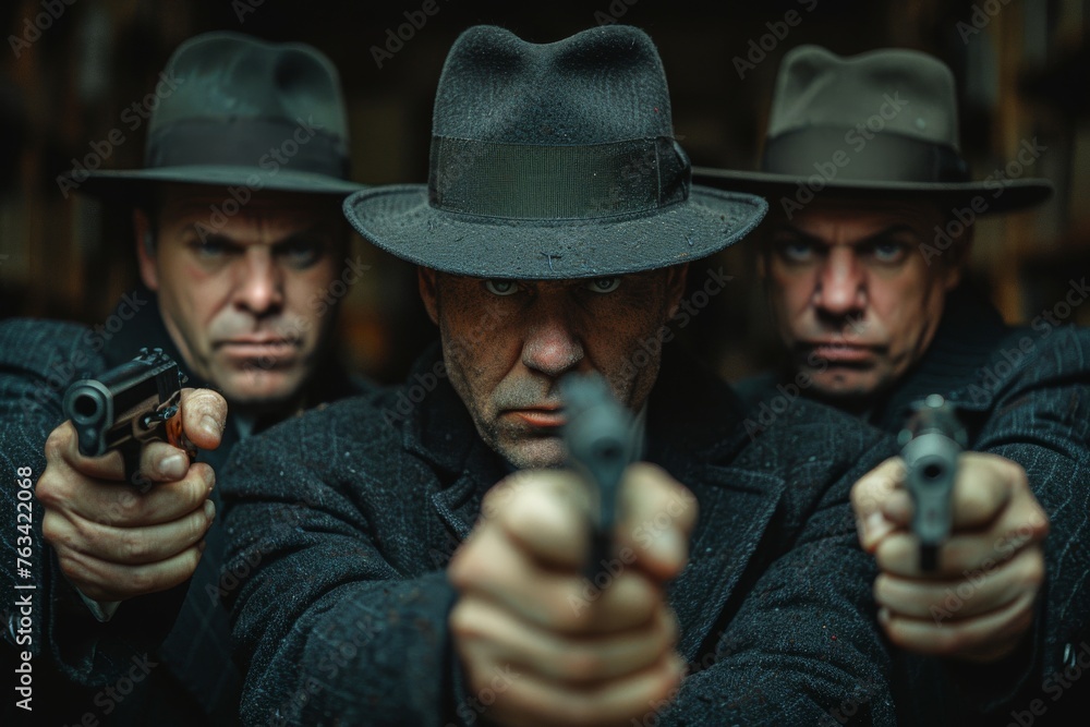 Fototapeta premium Stern-looking trio in hats with guns aimed in a dark and dramatic film noir setup