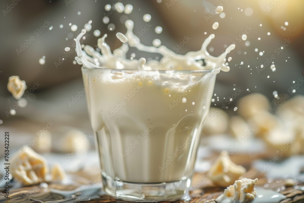 Vanilla protein drink in glass with splash. Vanilla protein drink in glass with splash.