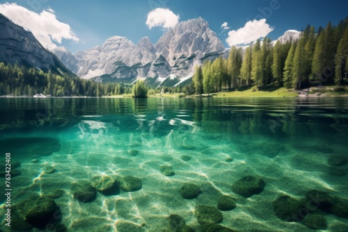 Crystal clear lake reflecting a picturesque mountain range