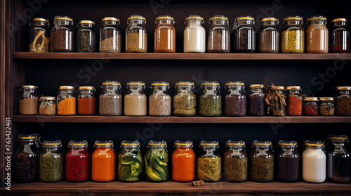 A background featuring a colorful assortment of spices and herbs neatly organized in jars on a kitchen shelf.