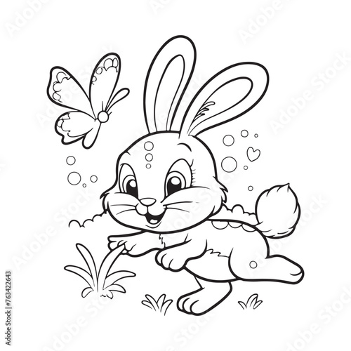  Vector coloring book on rabbit is chasing the butterfly