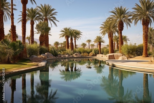 Desert oasis with palm trees and a serene reflecting pool
