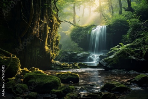 Dreamy forest landscape with a hidden waterfall in the background