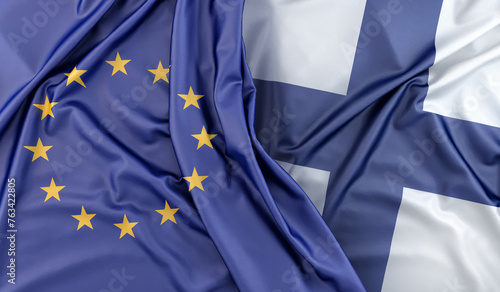 Flags of European Union and Finland. 3D Rendering