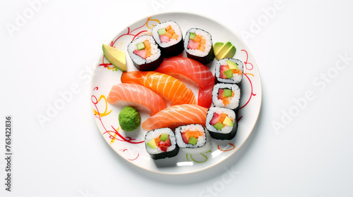 A background with a plate of sushi on a clean white surface, highlighting its vibrant colors.