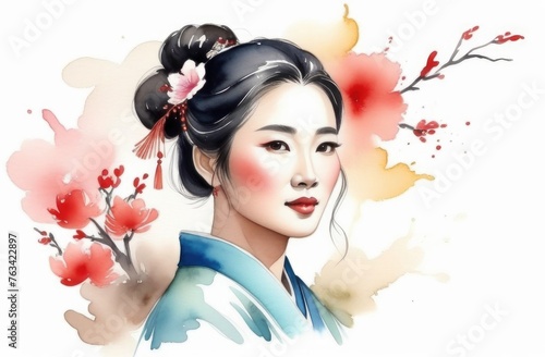 Illustration of a Japanese woman, the concept of a portrait of beauty, sakura flowers in her hair, kimono.