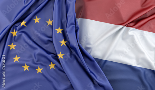 Flags of European Union and Netherlands. 3D Rendering