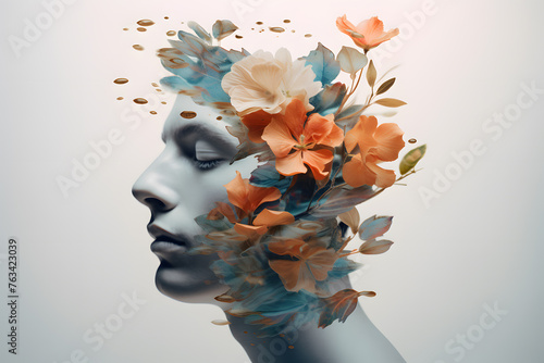 Male profile portrait with colorful flowers and leaves inside his head. Mental health concept, depression, support and self care © Oksana